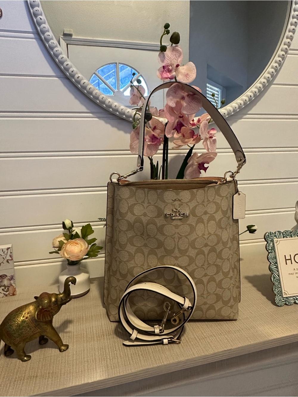 Coach Tan Signature Canvas Crossbody Bag with Leather Trim